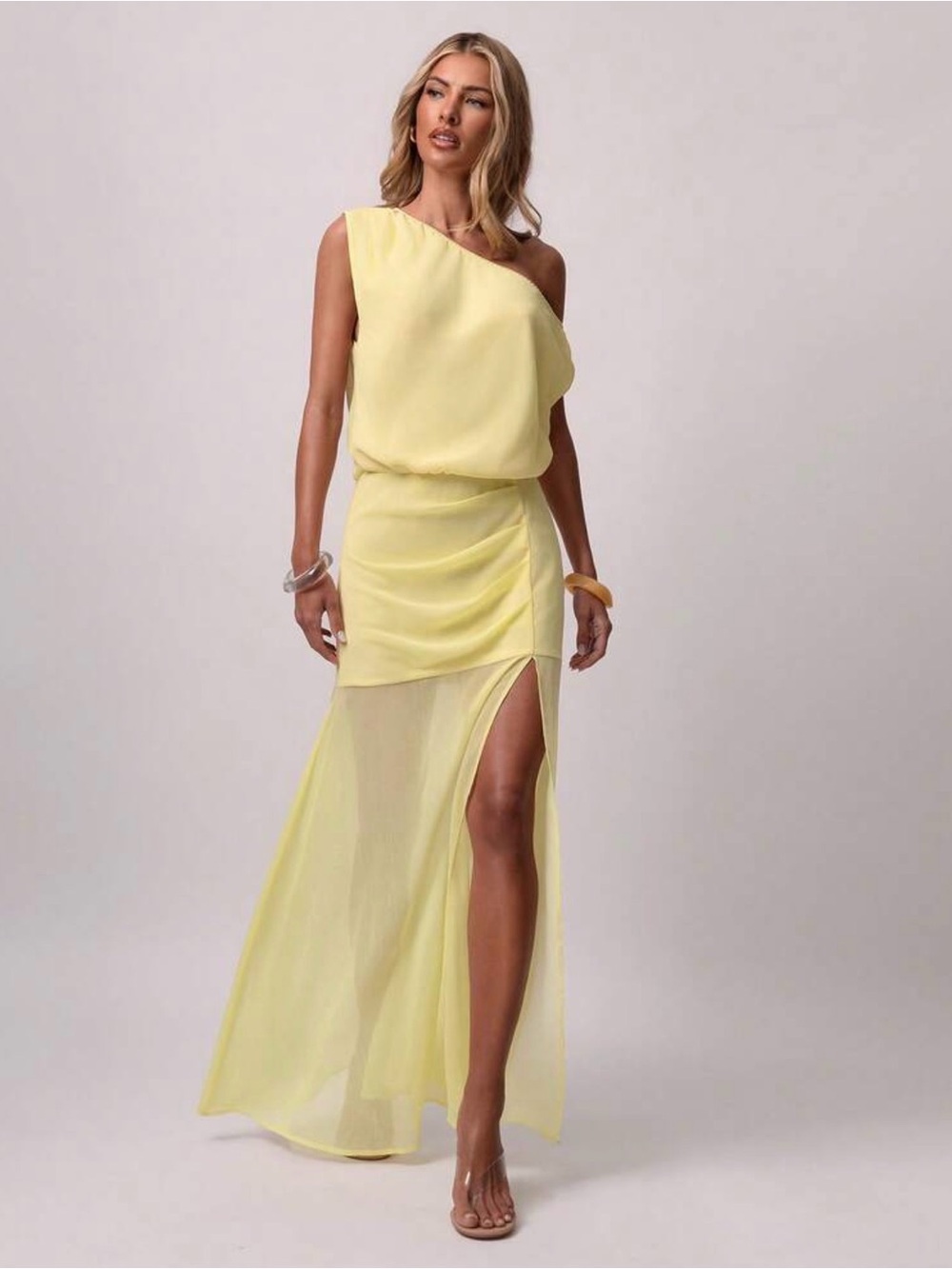 NWT One-Shoulder Yellow Maxi Dress with High Slit